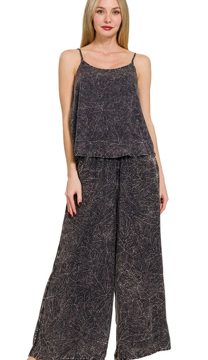 Ash black crinkle-washed cami with geometric charcoal print