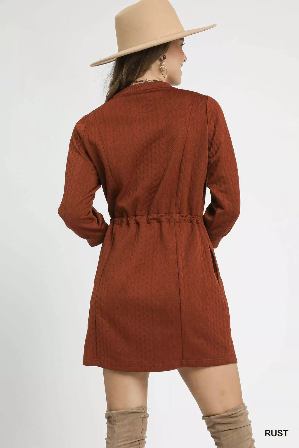 Drawstring detail on cozy cable-knit mini dress in rust orange