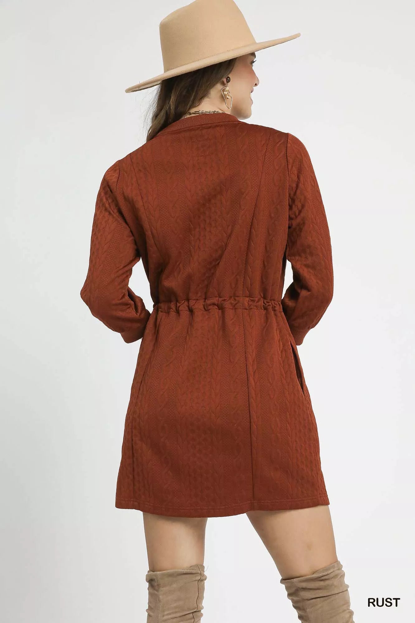 Drawstring detail on cozy cable-knit mini dress in rust orange