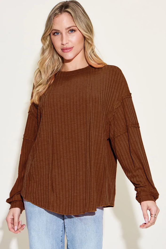Ribbed round neck long sleeve tshirt front view