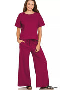 Cabernet red cotton slub tee with short sleeves and wide-leg drawstring pants