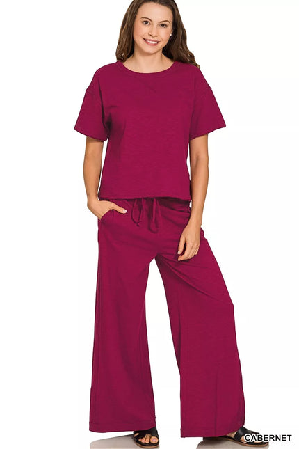 Cabernet red cotton slub tee with short sleeves and wide-leg drawstring pants