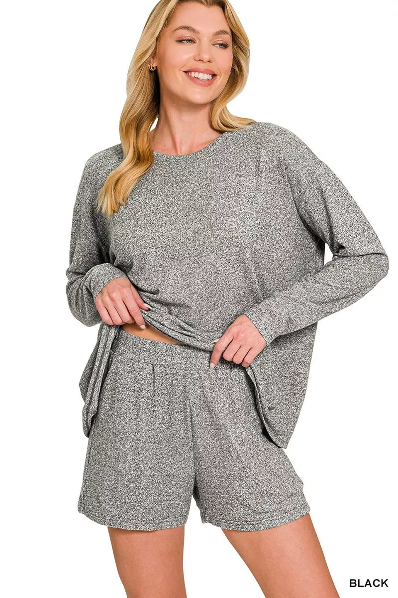 Charcoal black long sleeve tee and shorts lounge set