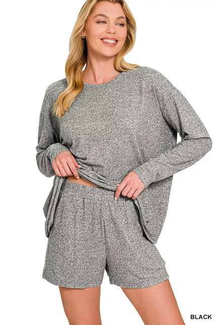 Charcoal black long sleeve tee and shorts lounge set