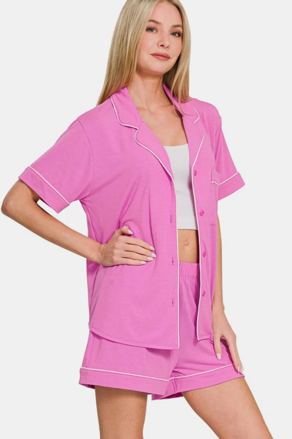 Sleek mauve pink lounge set featuring button-down top and relaxed shorts