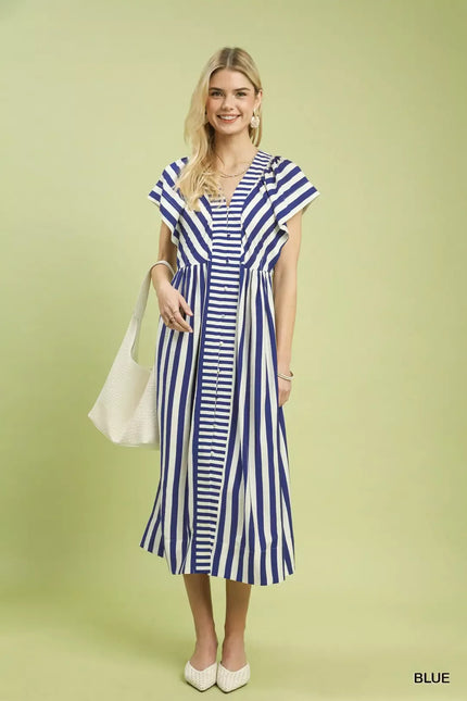 Blue-white striped ruffled midi dress with button-front, flowing fabric, flattering fit, paired with white high heels