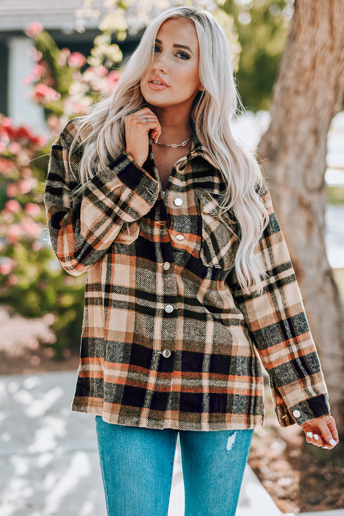 Plaid button-front shirt jacket with collar and visible stitching accents