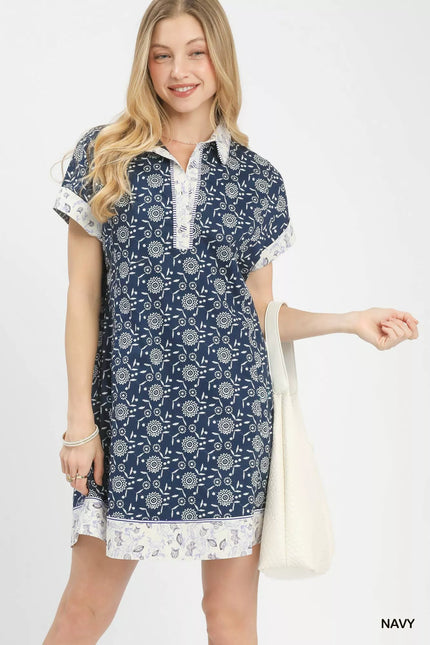 White border print shirt dress front view with button details
