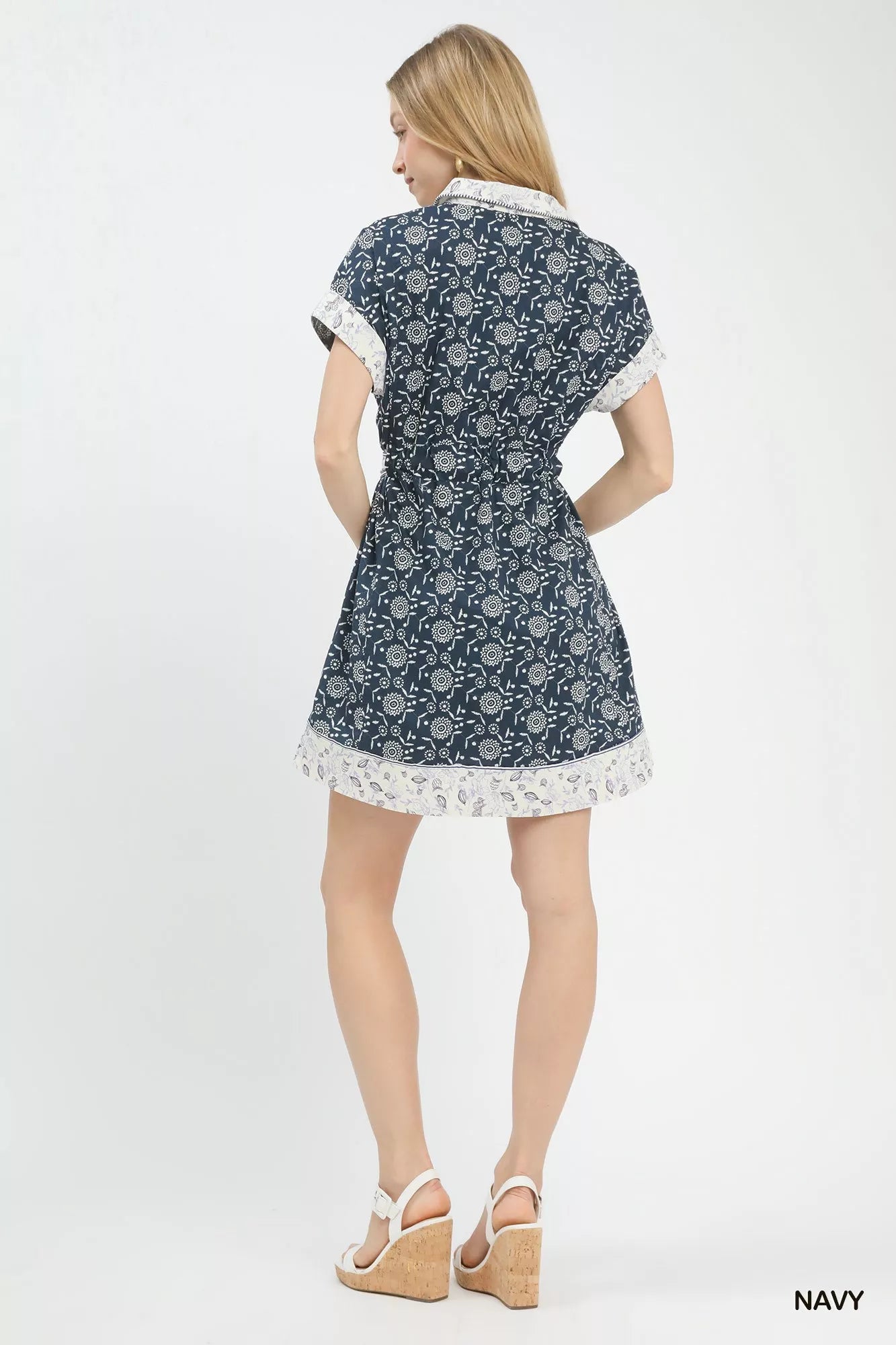 Border print cotton shirt dress with belted waist
