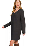 Close-up of ribbed texture on charcoal long sleeve dress
