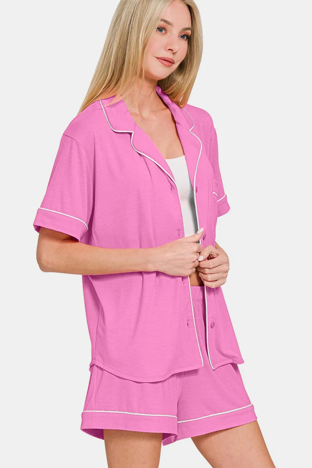Matching mauve pink button-down top and shorts set close-up