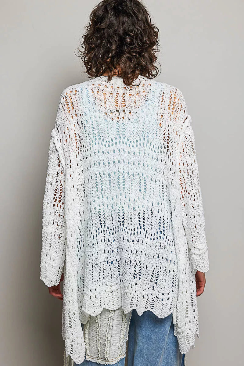 White openwork cardigan with scalloped hem, lightweight crochet texture, loose fit