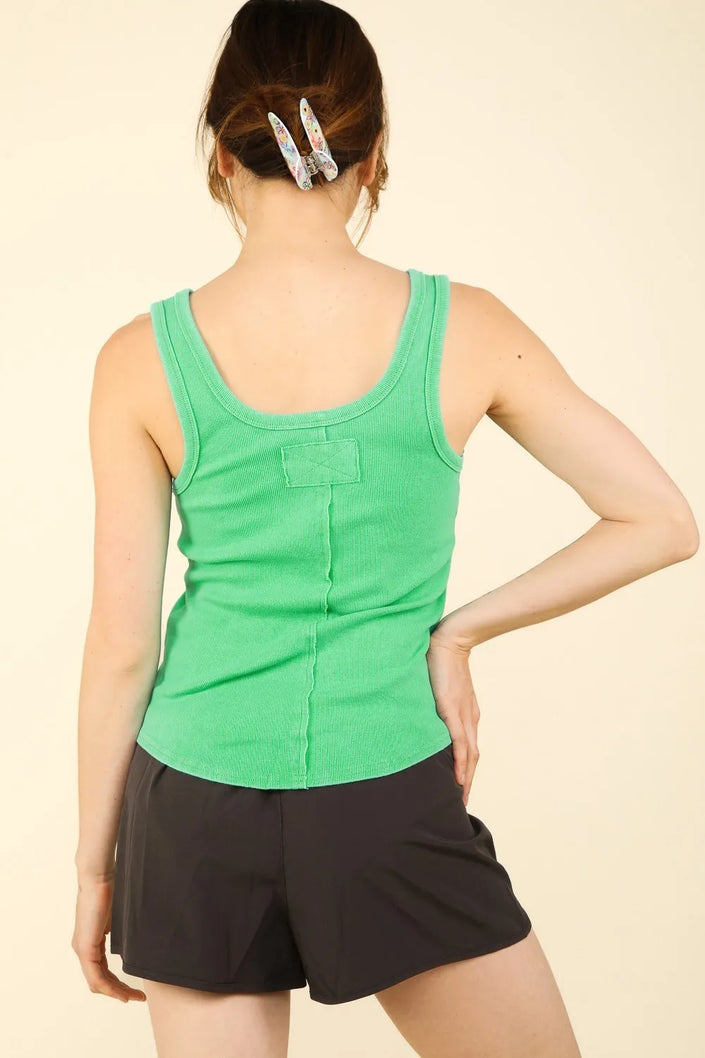 Green ribbed tank top with back placket detail and fitted silhouette shown from rear view