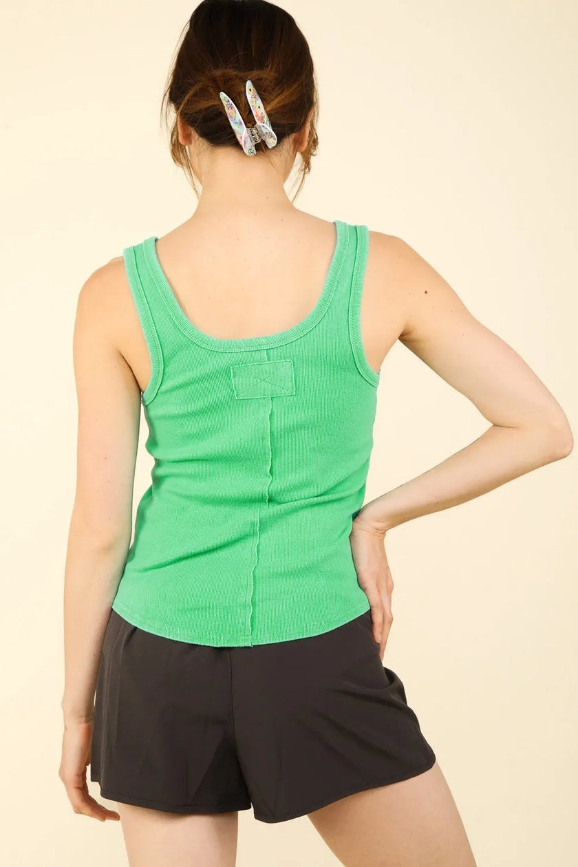 Green ribbed tank top with back placket detail and fitted silhouette shown from rear view