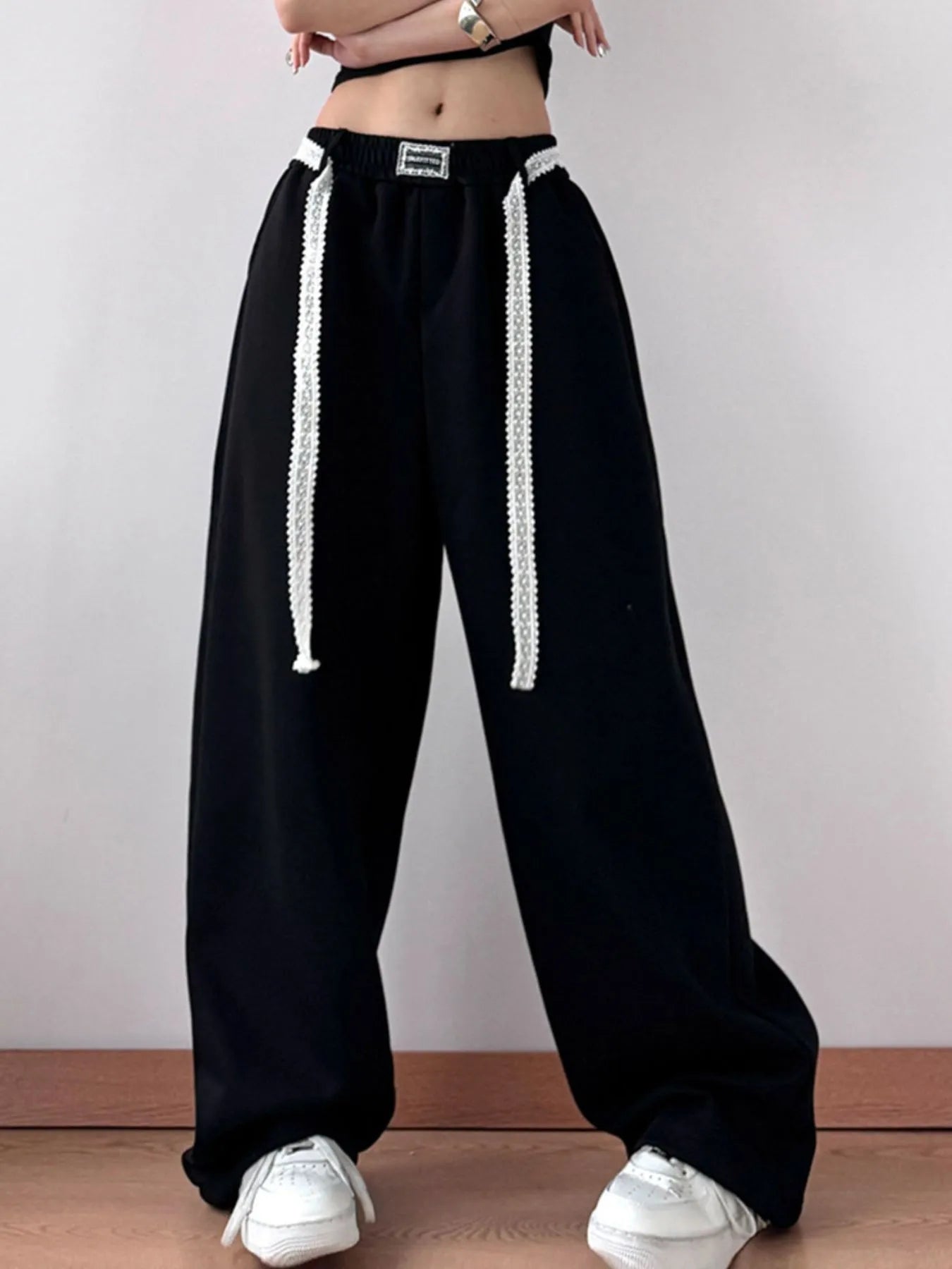 Back view of wide-leg pants with elastic waist detail