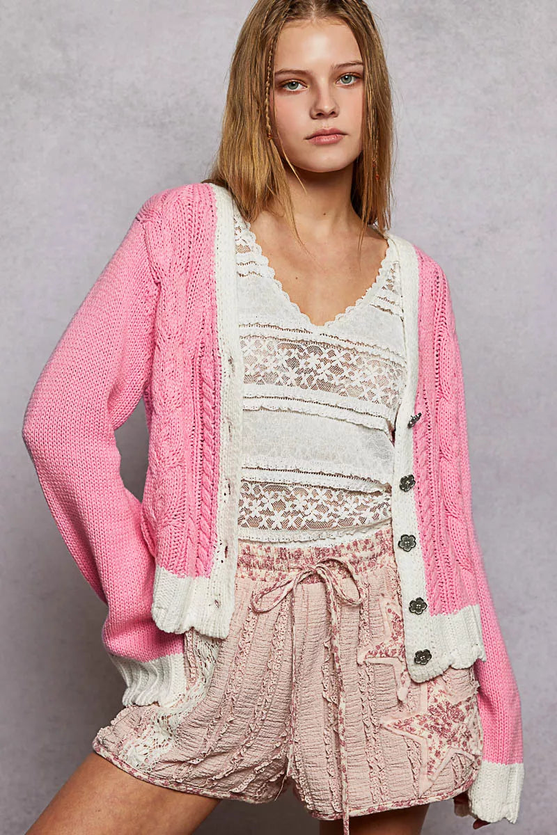 Close-up of pink cable-knit cardigan texture and button details