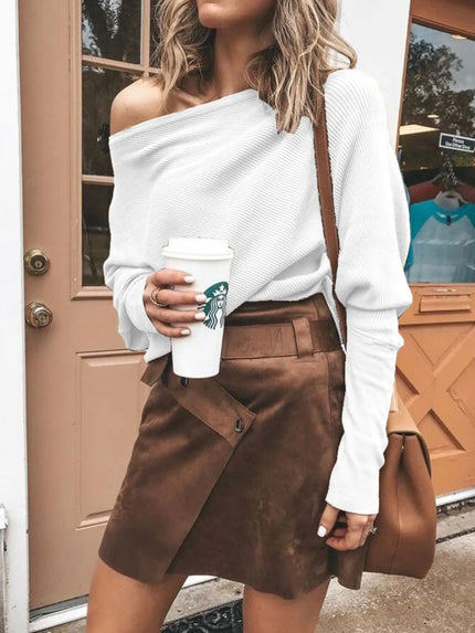 Relaxed fit ribbed knit top with off-shoulder neckline in soft fabric