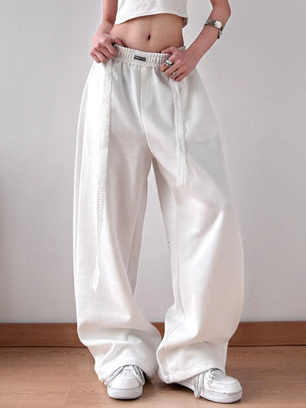 Close-up of elastic waistband on wide-leg pants
