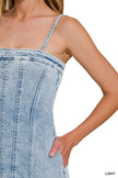 Light-wash denim dress with spaghetti straps and exposed seam detailing