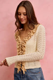 Cream pointelle knit cardigan with ruffled lace trim and tie front detail