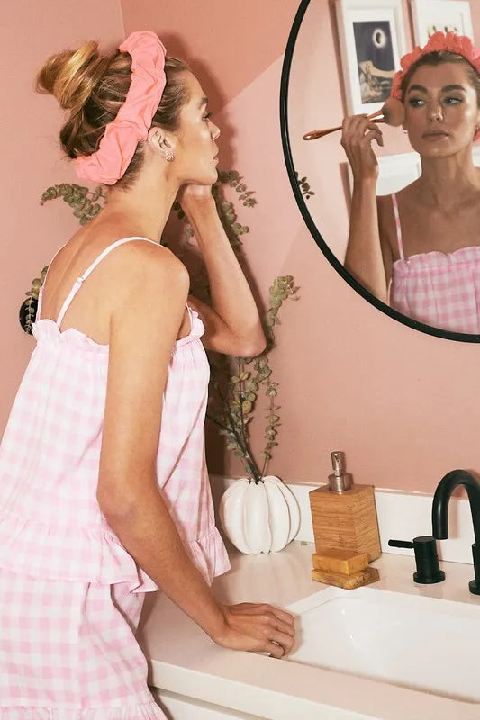 Lightweight gingham pajama set with ruffled trim in blush