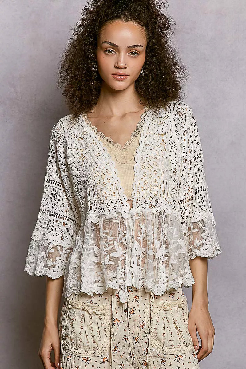 Close-up of intricate lace crochet cardigan fabric texture