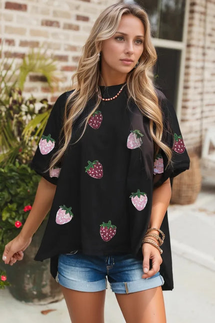 Black sequin strawberry print relaxed high-low half sleeve t-shirt with denim shorts
