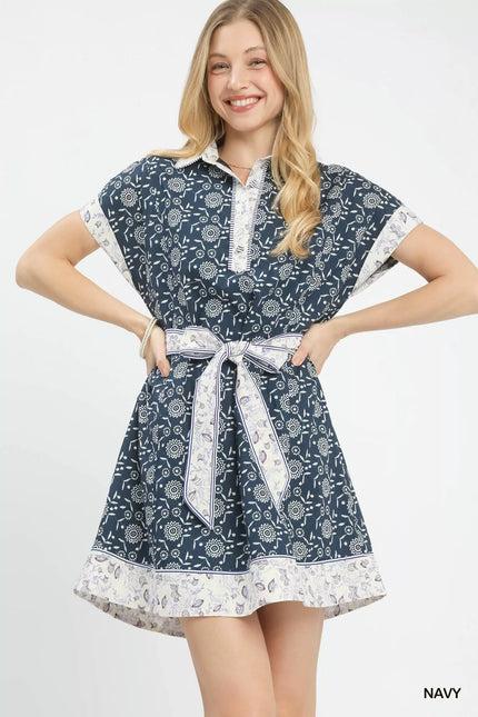 Border print shirt dress with self-tie belt