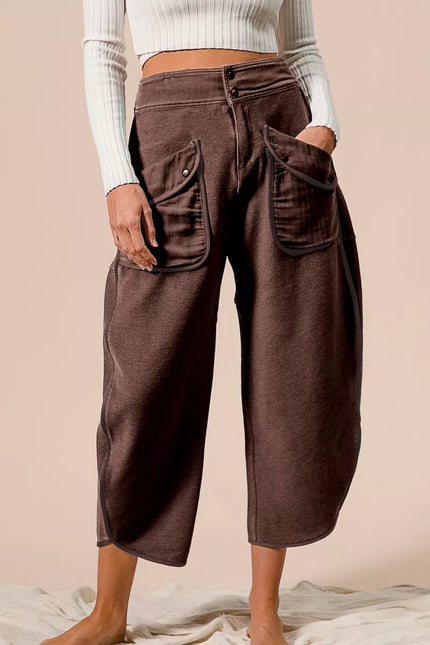 Mocha brown terry pants with wide leg and front pocket detail