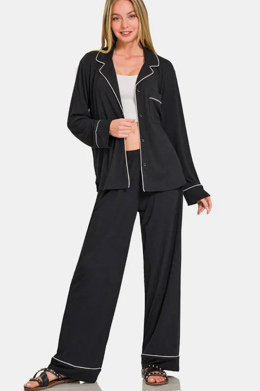 Matching charcoal lounge pants with slight stretch fabric