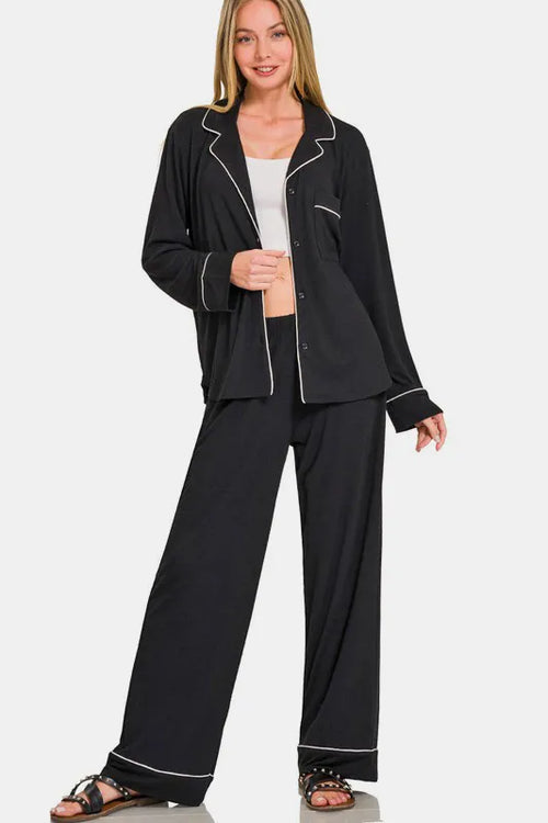 Matching charcoal lounge pants with slight stretch fabric