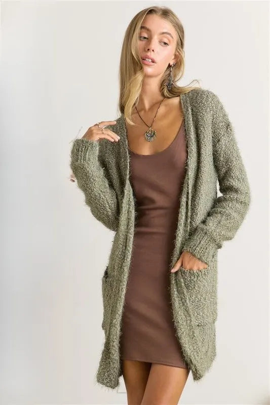 Olive green fuzzy knit cardigan with relaxed open front