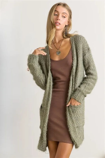 Olive green fuzzy knit cardigan with relaxed open front
