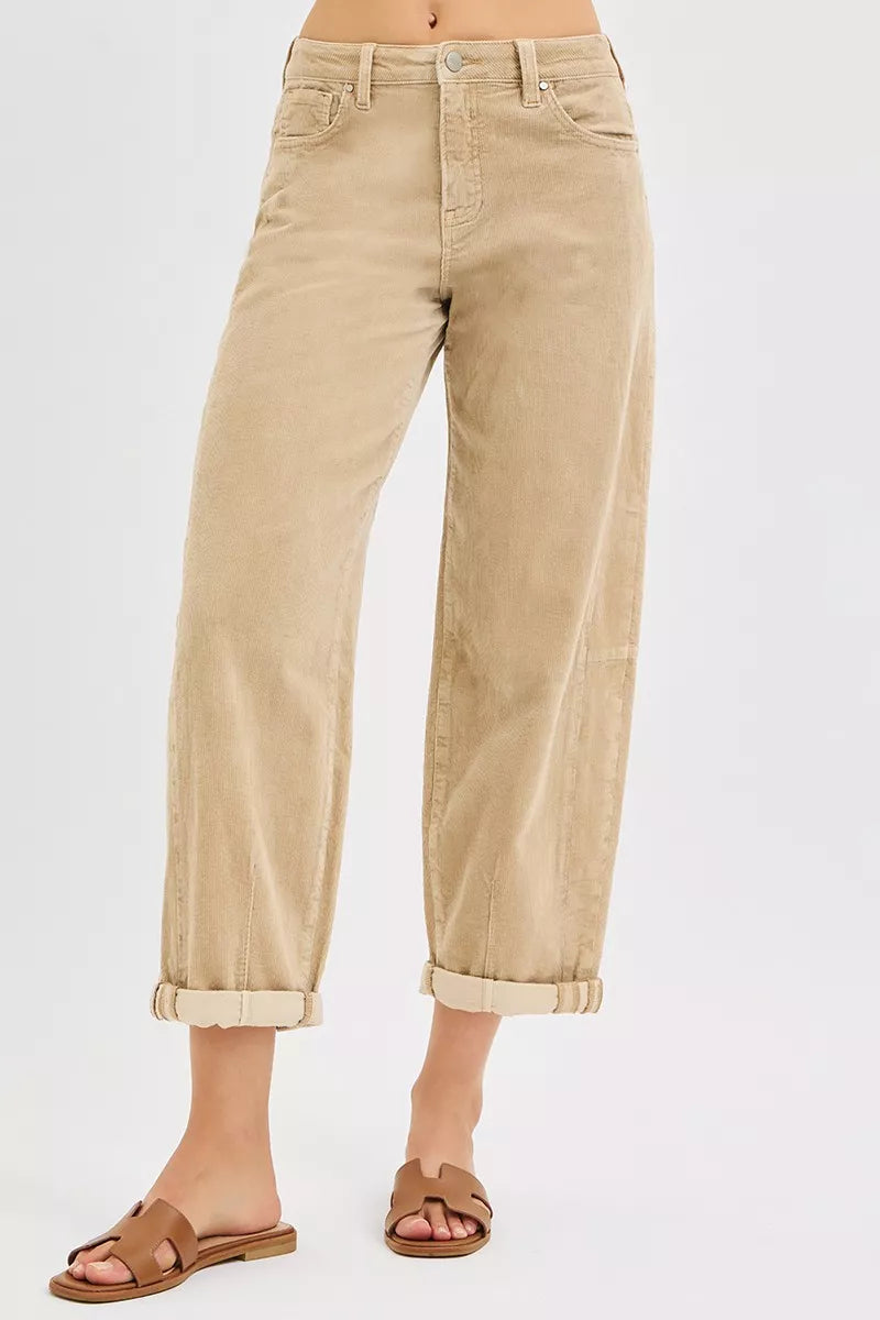Close-up of corduroy texture on high-rise cropped pants