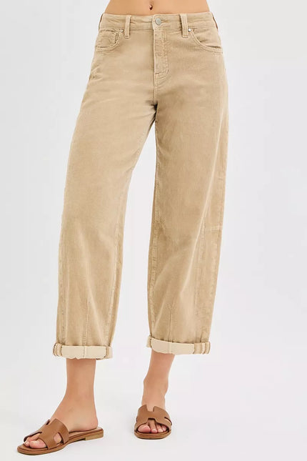 Close-up of corduroy texture on high-rise cropped pants