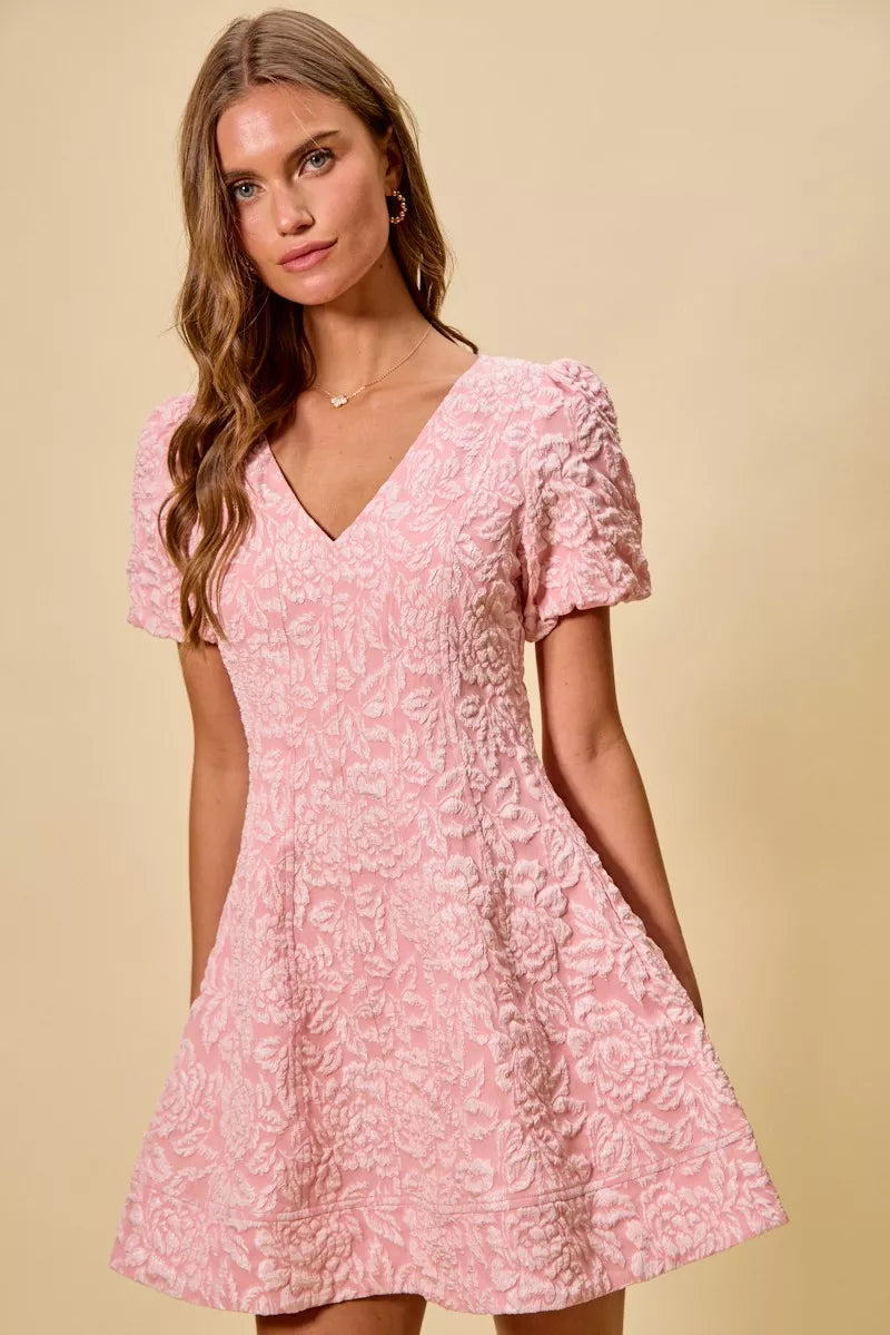 Mini dress with floral jacquard fabric and V-neck detail