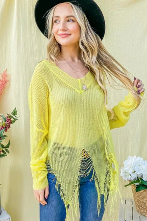 Vibrant yellow distressed mesh V-neck sweater with frayed hem and loose fit