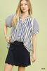 Striped top with notched neckline and flutter sleeves