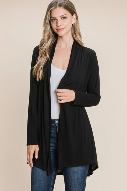 Charcoal black open-front long sleeve cardigan front view