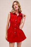 Casual styling of crimson red sleeveless dress outdoors