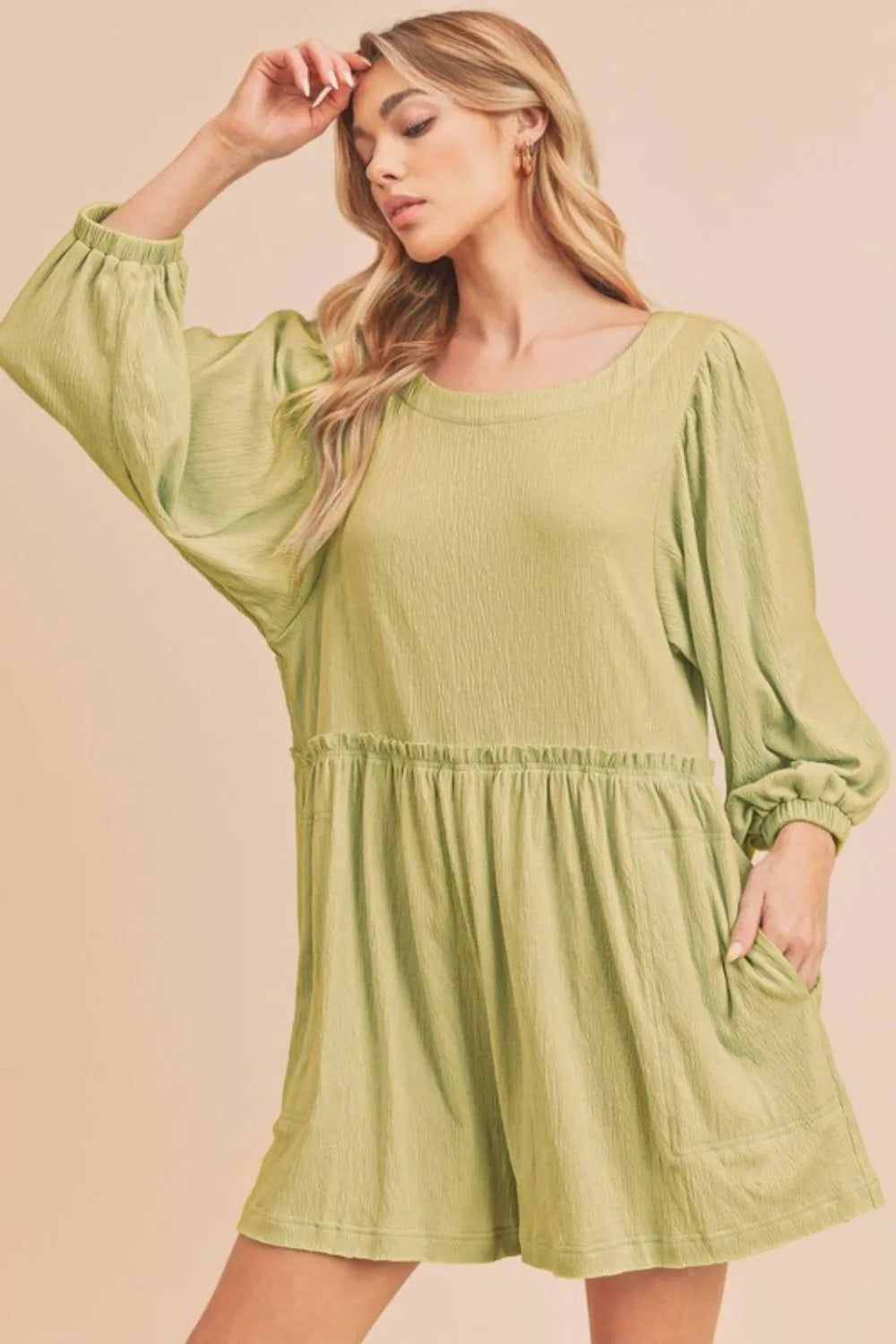 Soft chartreuse frill romper with round neck and side pockets