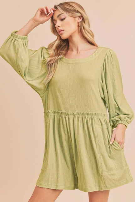 Soft chartreuse frill romper with round neck and side pockets