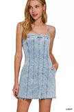 Light-wash denim dress with spaghetti straps and exposed seam detailing