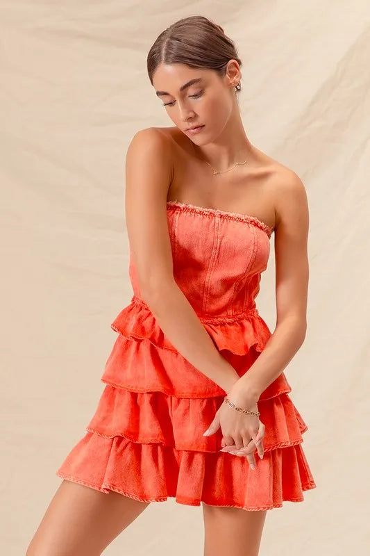 Strapless mini dress featuring ruffled waistband