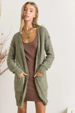 Olive green fuzzy cardigan with pocket detail and soft texture