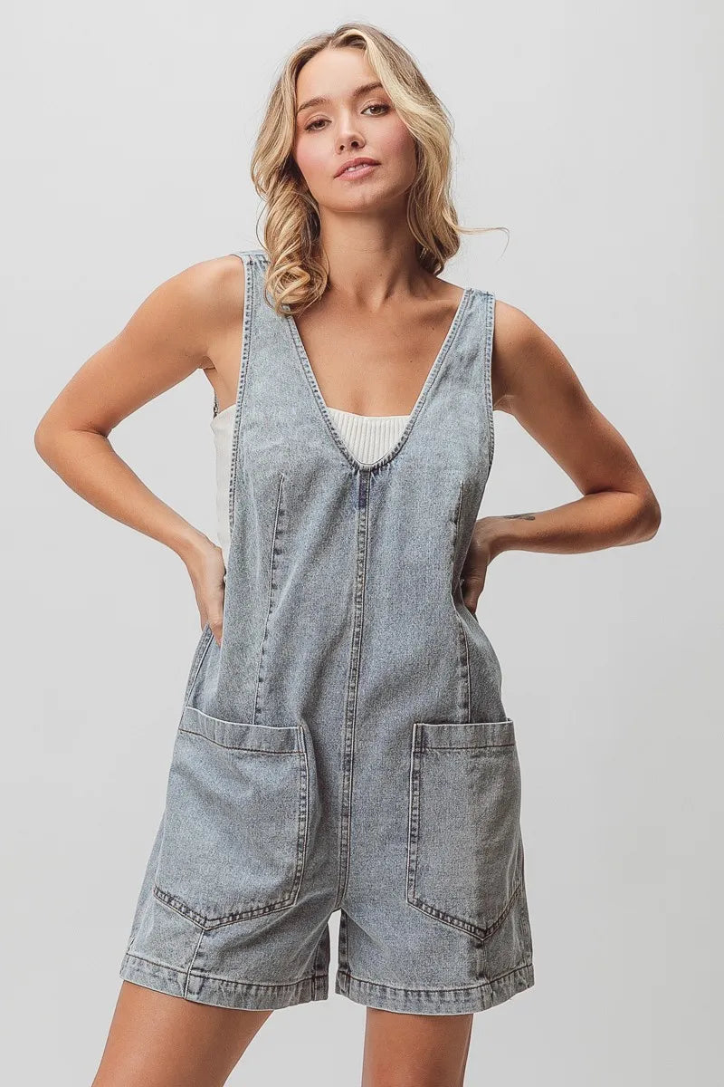 Light-washed denim shortall with patch pockets and relaxed fit