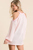 Breathable textured white popcorn waffle top with cold shoulder cutouts and pink accents, relaxed fit for casual trendy style.