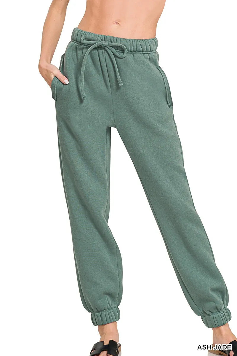 Ash jade green fleece joggers with drawstring waist and side pockets